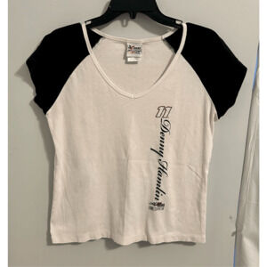 Denny Hamlin Women’s NASCAR V-neck T-Shirt Chase Authentics Sz L White & Black.